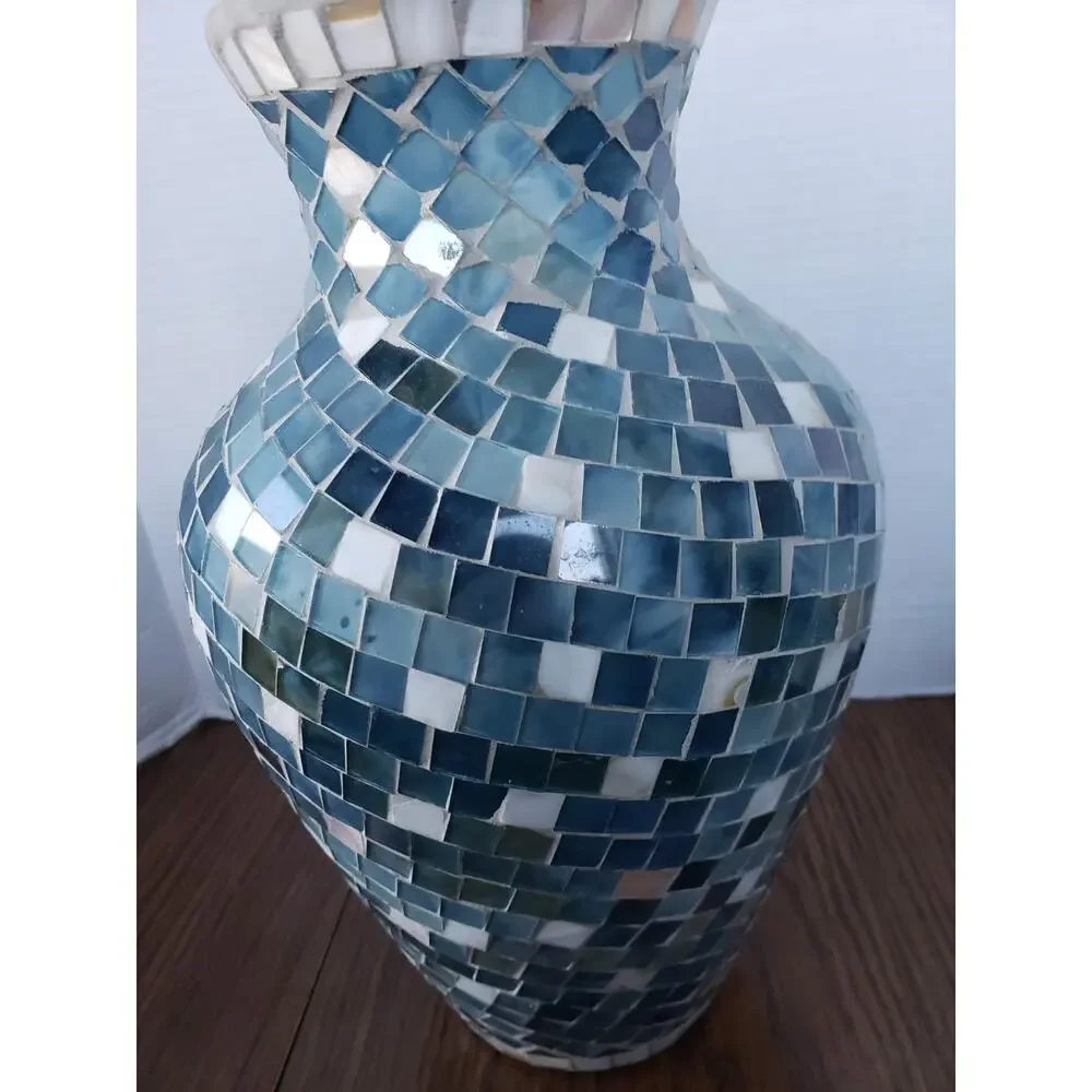 Mosaic 12 Inch Tall Blue White Tiled Glass Large Vase